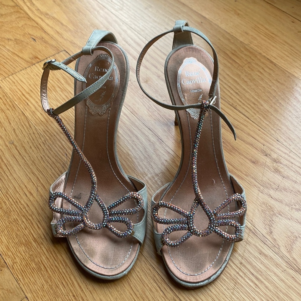 Rene Caovilla Gold and Rose Crystal T-Strap Heels